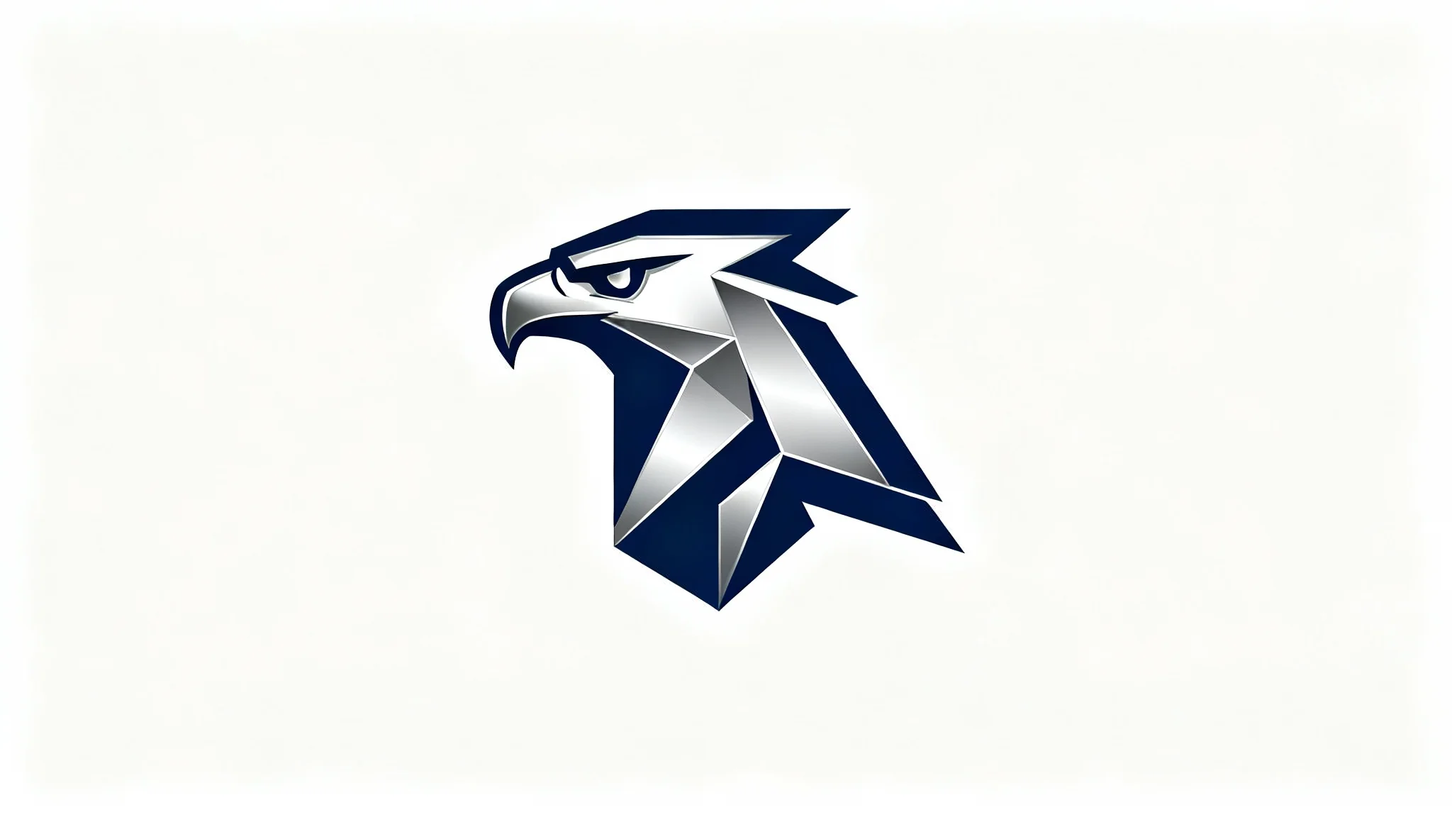 A minimalist and modern vector logo of a hawk's head in profile, created with bold navy blue and silver geometric lines, presented on a clean white background.