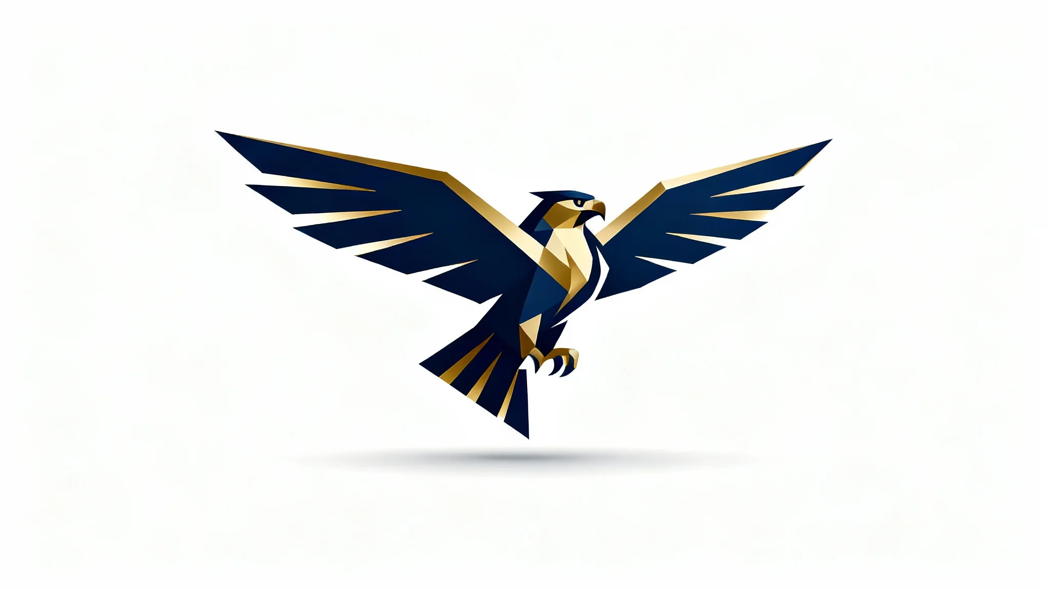 A modern and minimalist logo of a soaring hawk, designed with sharp lines in navy blue and gold, on a white background.