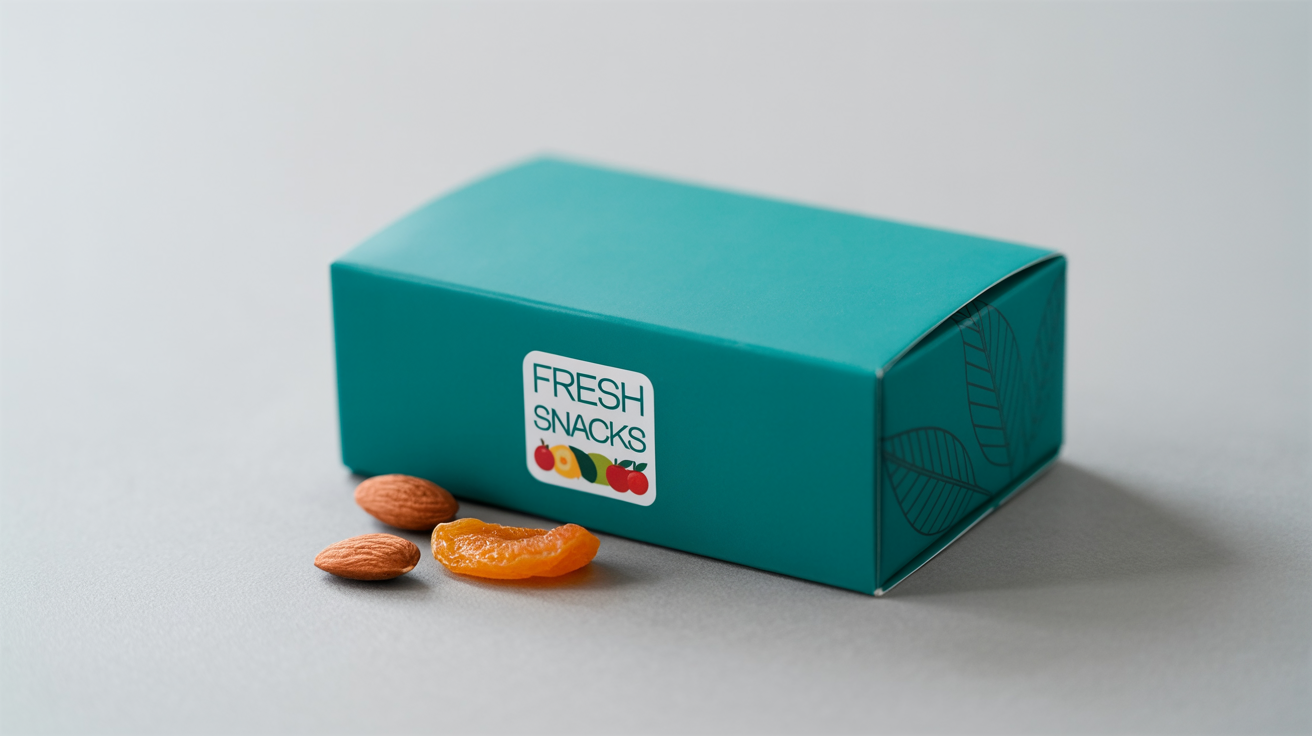 A professionally designed teal-colored snack box with the words 'FRESH SNACKS' and illustrations of fruit and nuts, displayed in a clean studio setting with a few real nuts scattered at its base.