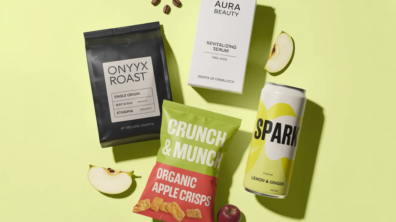 A flat lay image of various modern retail packaging designs, including a coffee bag, a cosmetic box, a snack pouch, and a beverage can, all displayed on a clean white background.