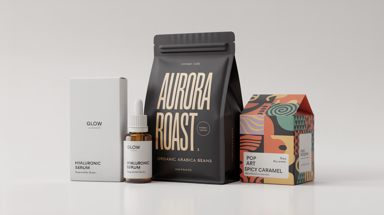 A collection of beautifully designed retail packaging, including a black coffee pouch, a white skincare box, and a colorful snack box, displayed against a white background.