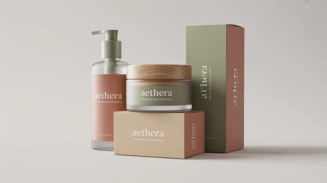 A photorealistic mockup of three organic skincare products showcasing elegant retail packaging design. The products, a bottle, a jar, and a box from the brand 'Aethera', are arranged neatly on a clean white background.