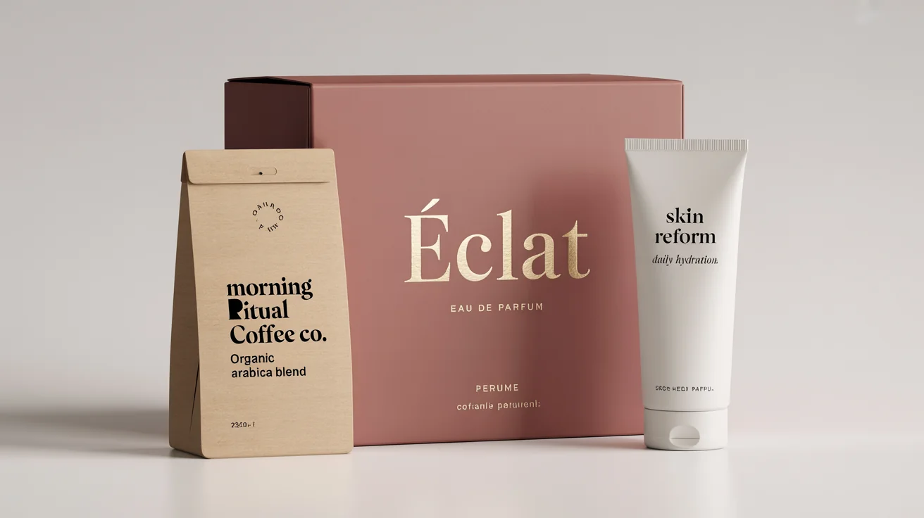 A mockup of various retail packaging designs, including a pink perfume box, a kraft paper coffee bag, and a white cosmetic tube, all displayed on a clean white background.