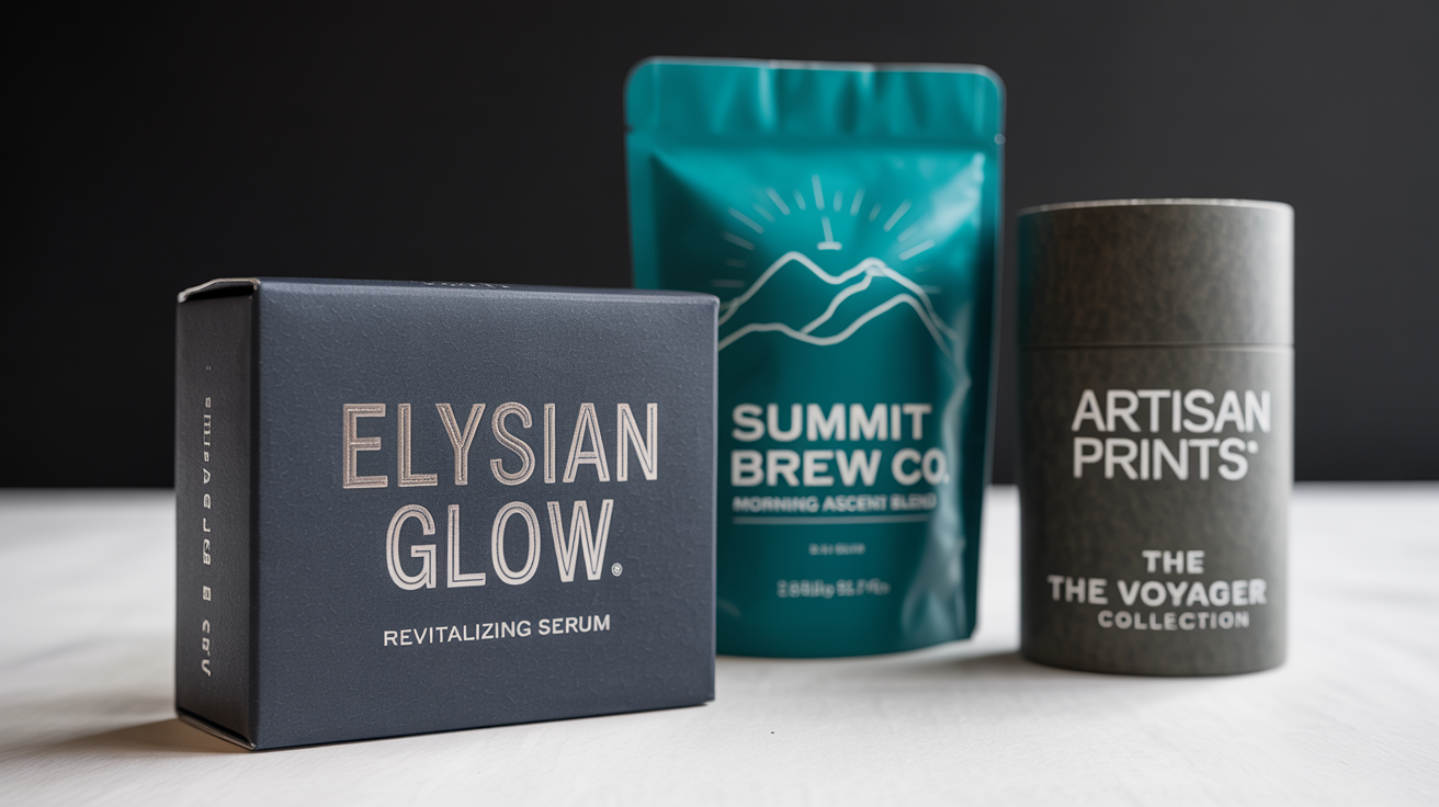 A professional product shot of three distinct retail packaging designs, a luxury serum box, an artisanal coffee pouch, and a poster tube, arranged neatly on a clean white background.