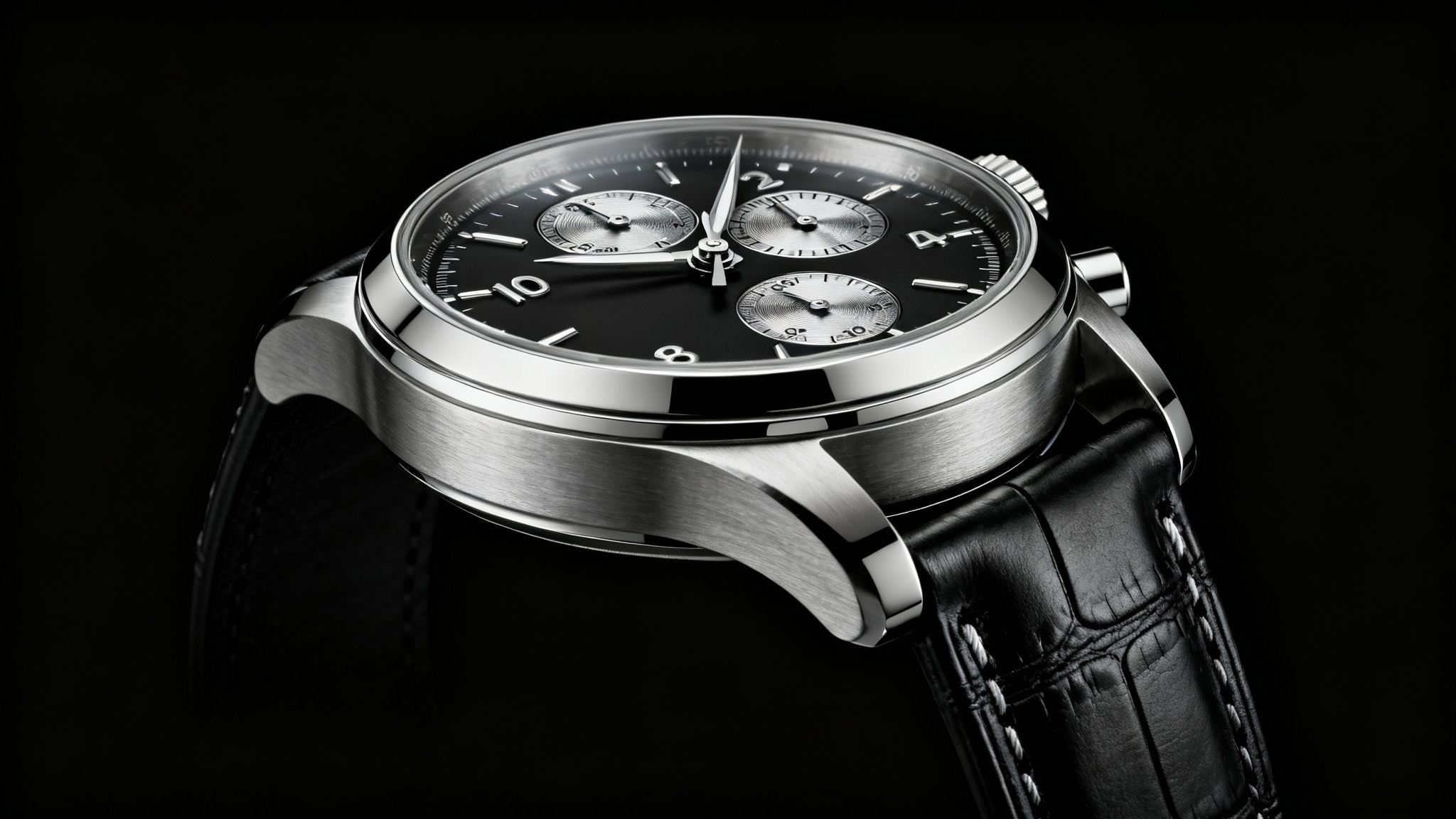 A sleek, modern silver chronograph watch with a black leather strap, captured in a professional product photograph against a stark black background, highlighting its luxurious details.