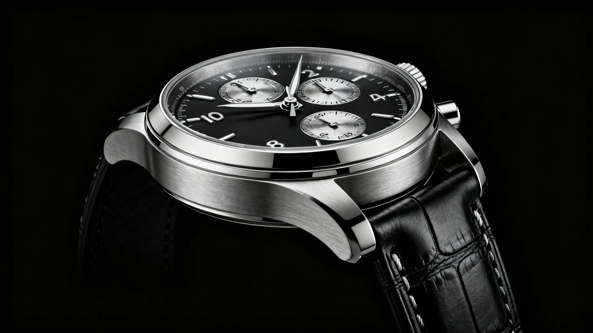 A sleek, modern silver chronograph watch with a black leather strap, captured in a professional product photograph against a stark black background, highlighting its luxurious details.