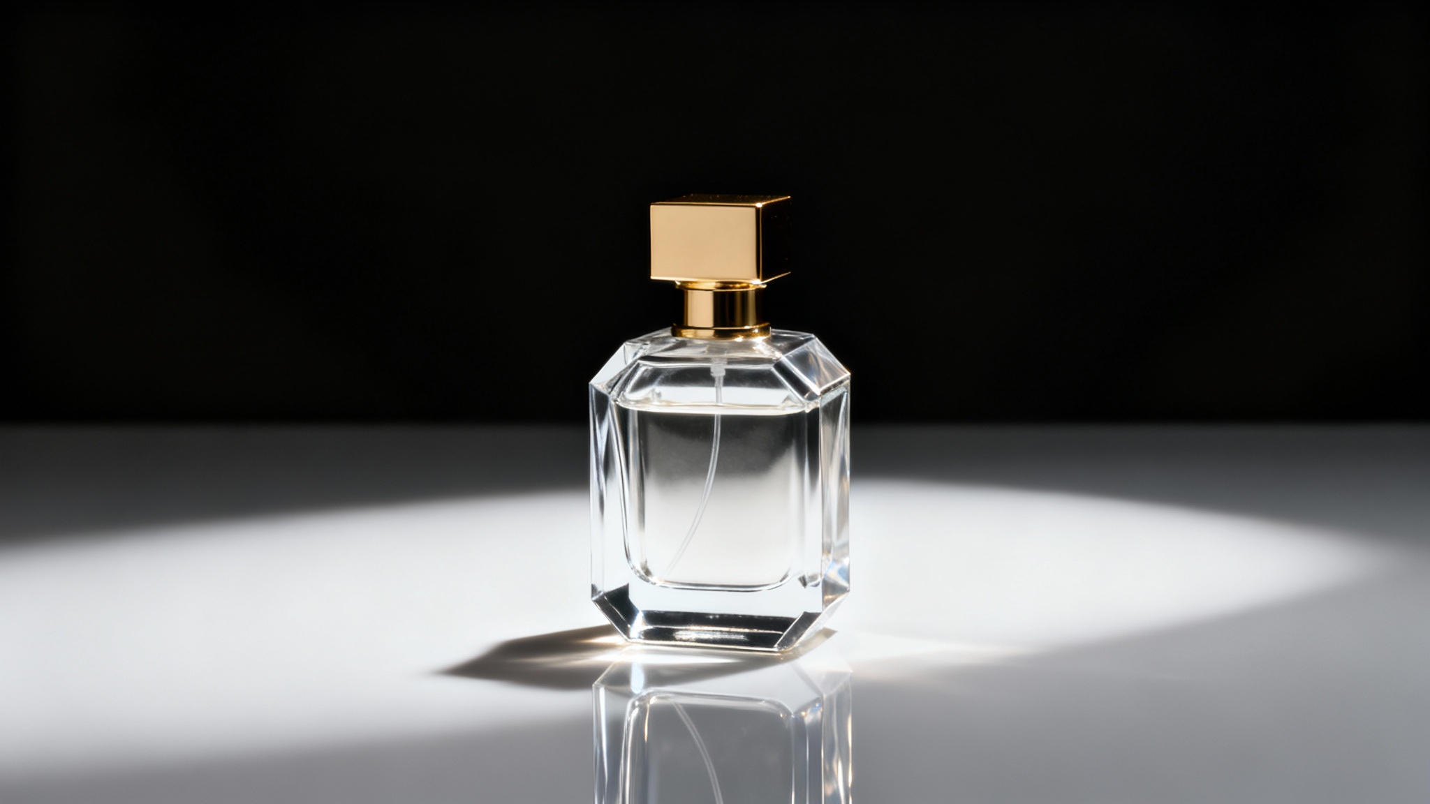 A professional product photograph of a minimalist perfume bottle with a gold cap, set against a dramatic black background. The image is presented as a mockup on a clean white background.