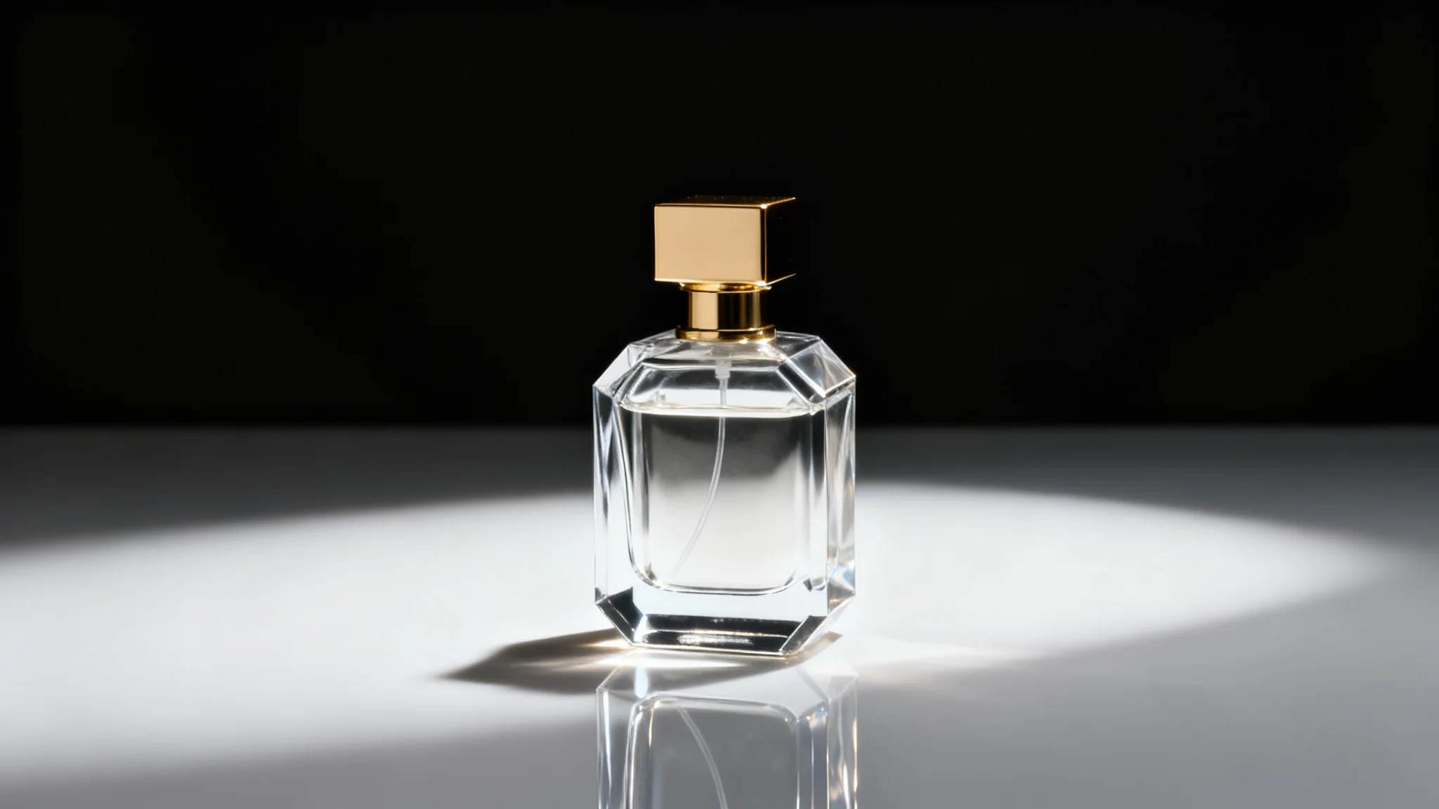 A professional product photograph of a minimalist perfume bottle with a gold cap, set against a dramatic black background. The image is presented as a mockup on a clean white background.