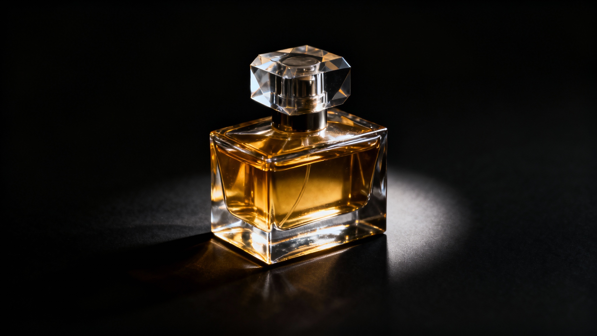 A professional product photograph of a luxurious perfume bottle with golden liquid, expertly lit against a deep black background to highlight its intricate design and create a sophisticated mood.