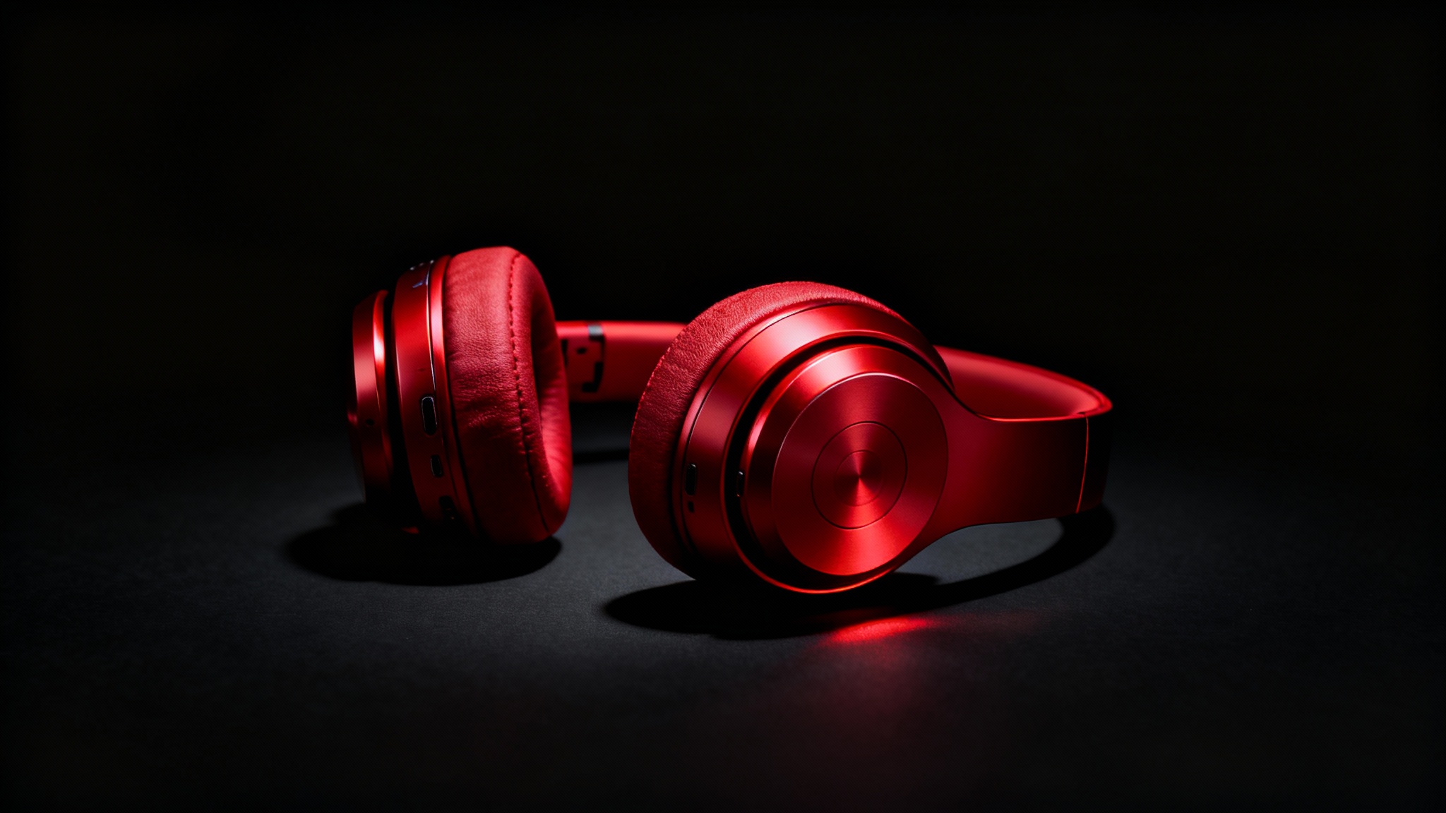 A professional product photograph of a vibrant red wireless headphone positioned against a stark black background, highlighting its sleek design and texture.