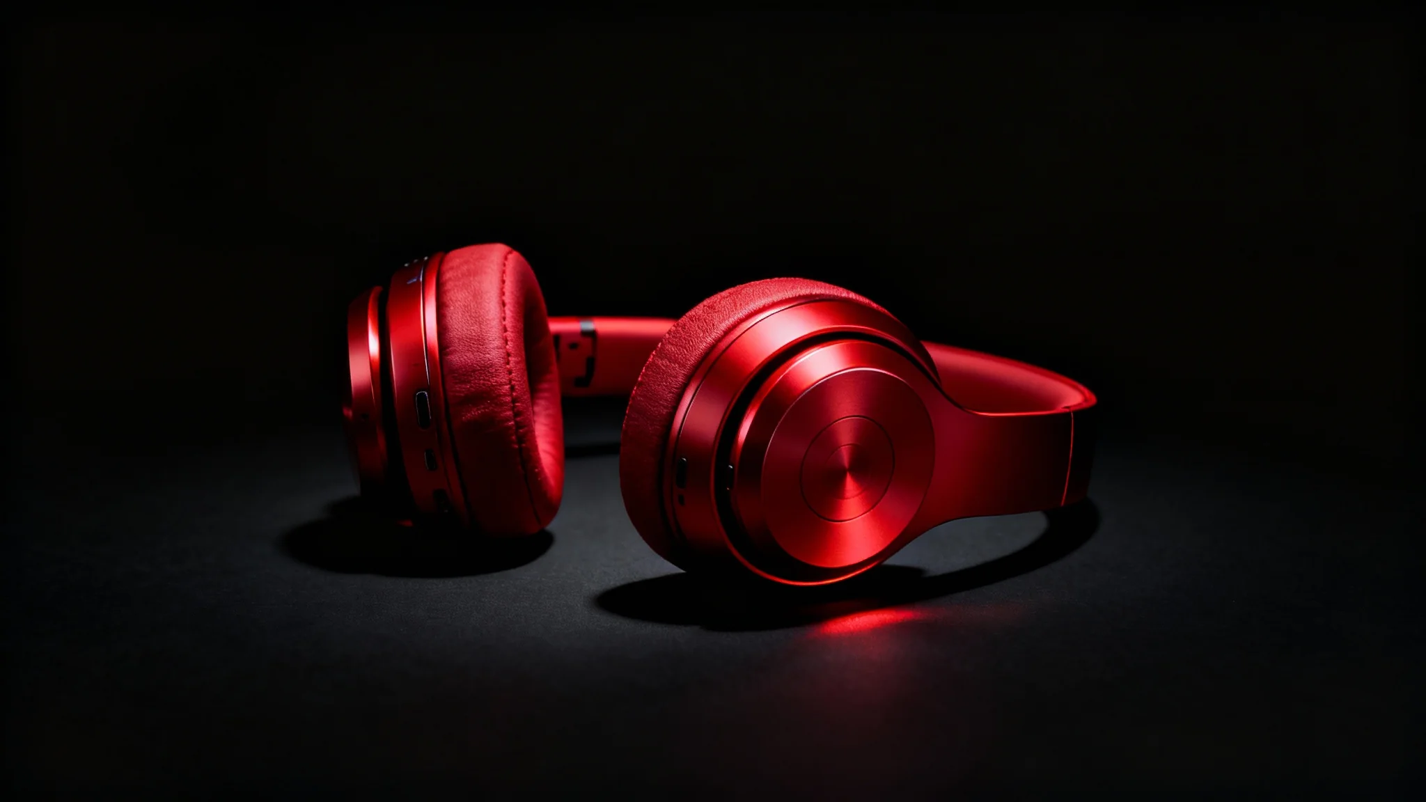 A professional product photograph of a vibrant red wireless headphone positioned against a stark black background, highlighting its sleek design and texture.