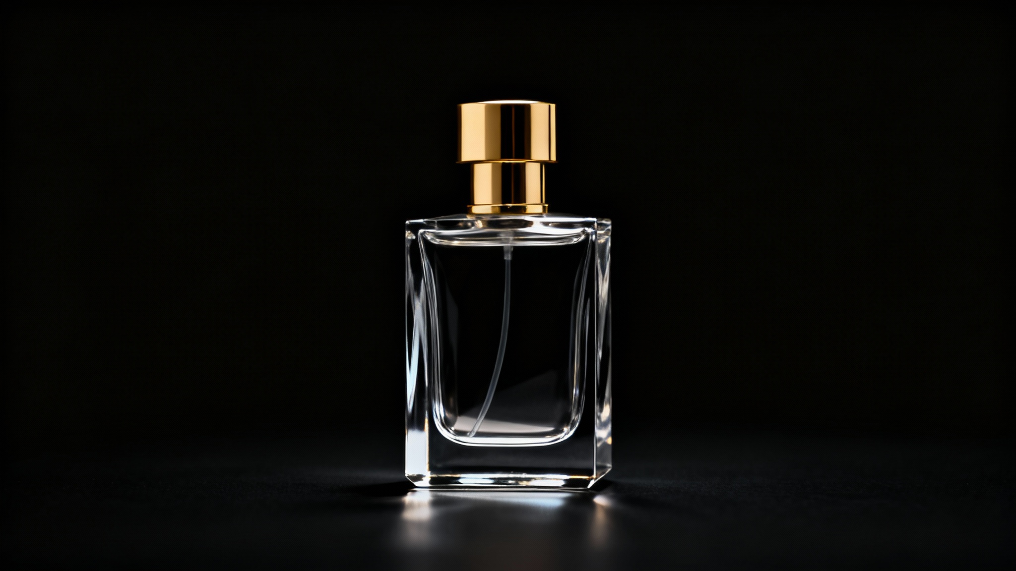 A photorealistic image of a luxury perfume bottle with a gold cap, professionally photographed against a solid black background to showcase high-end product photography.