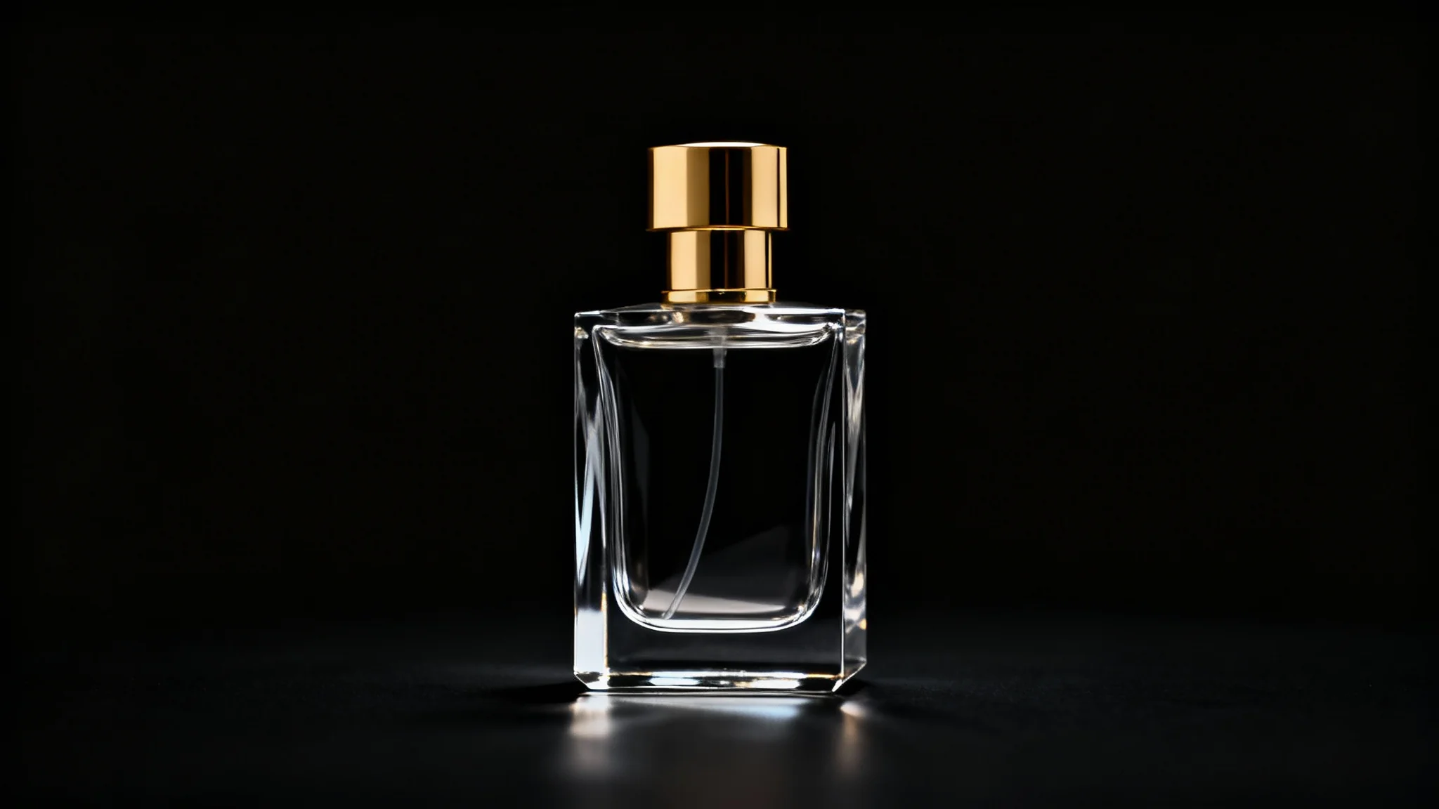 A photorealistic image of a luxury perfume bottle with a gold cap, professionally photographed against a solid black background to showcase high-end product photography.