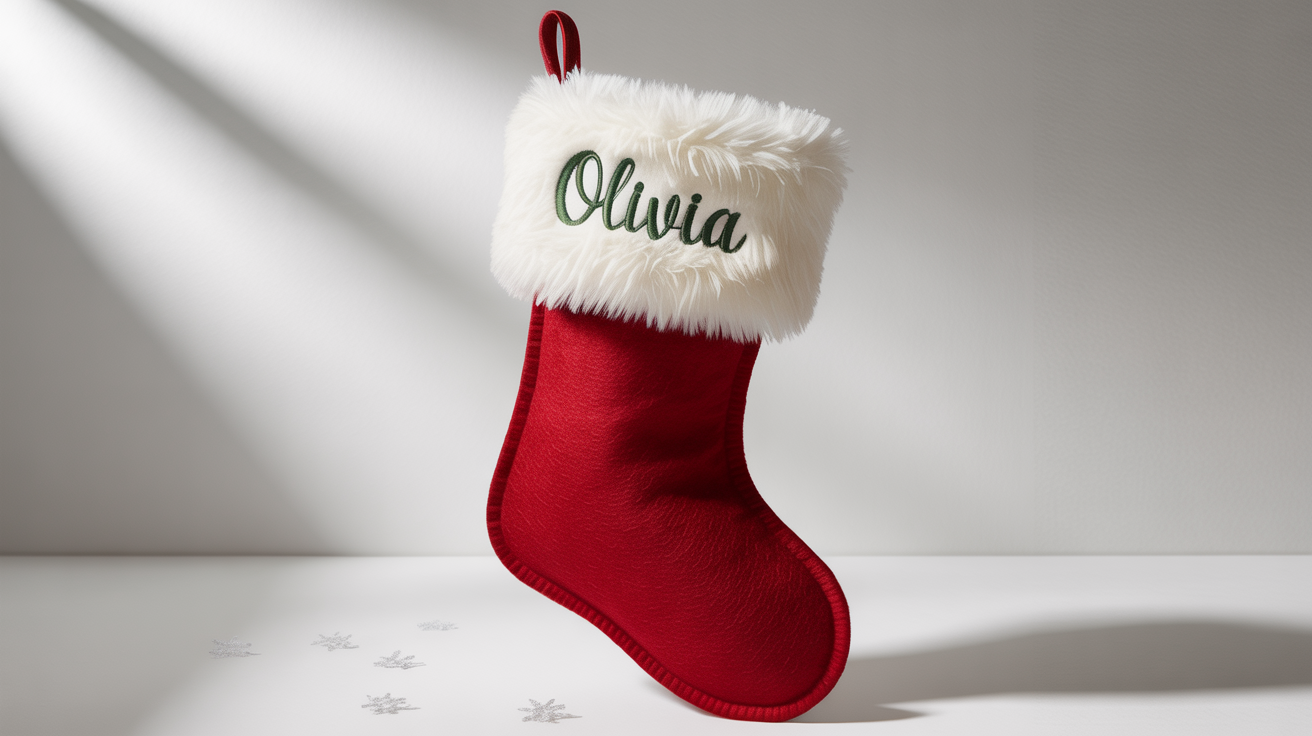 A classic red and white Christmas stocking with the name 'Olivia' elegantly embroidered in green script on the white cuff, displayed against a white background.