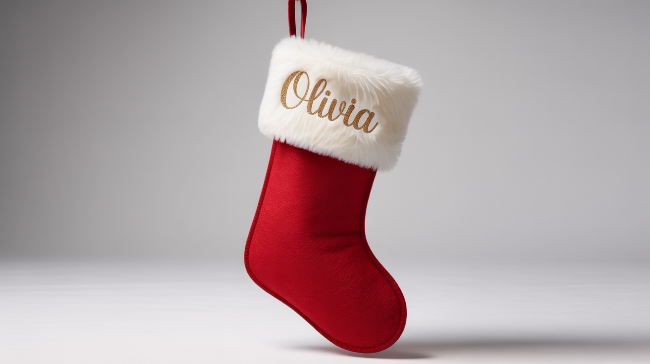 A festive red Christmas stocking with a fluffy white cuff, personalized with the name 'Olivia' in gold glitter script, set against a clean white background.