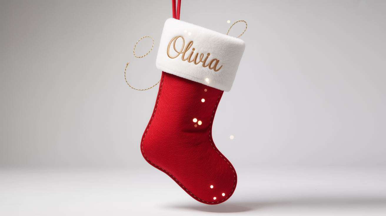 A red Christmas stocking with a white cuff, personalized with the name 'Olivia' embroidered in gold script, shown against a white background.