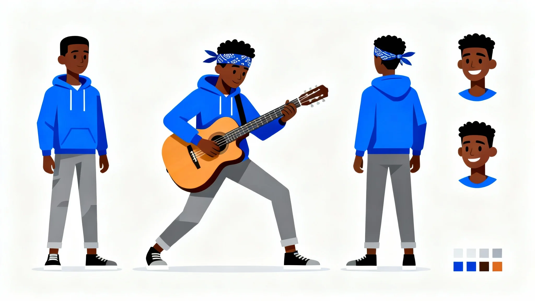 A professional character design sheet showcasing a minimalist character of a young Black man in a blue hoodie. The sheet includes a main pose, turnaround views, and different facial expressions, all in a clean, flat art style on a white background.