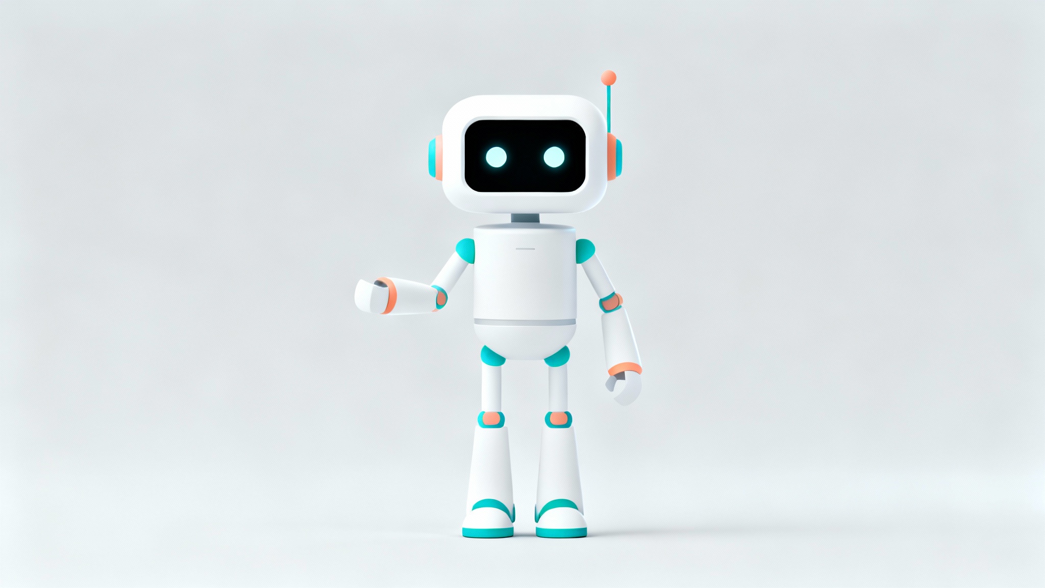 A minimalist character design of a friendly white robot with teal accents, created with simple geometric shapes and shown against a plain light gray background.
