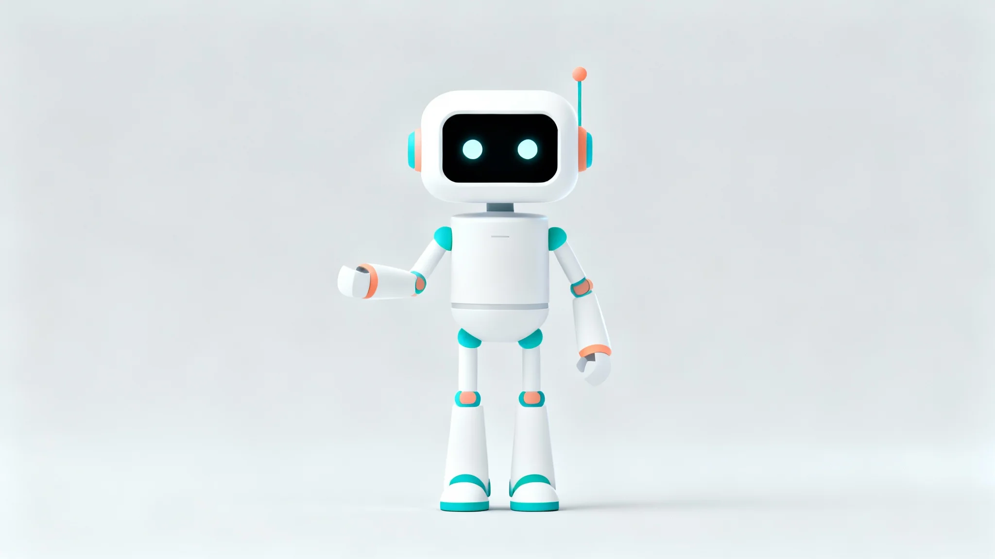 A minimalist character design of a friendly white robot with teal accents, created with simple geometric shapes and shown against a plain light gray background.