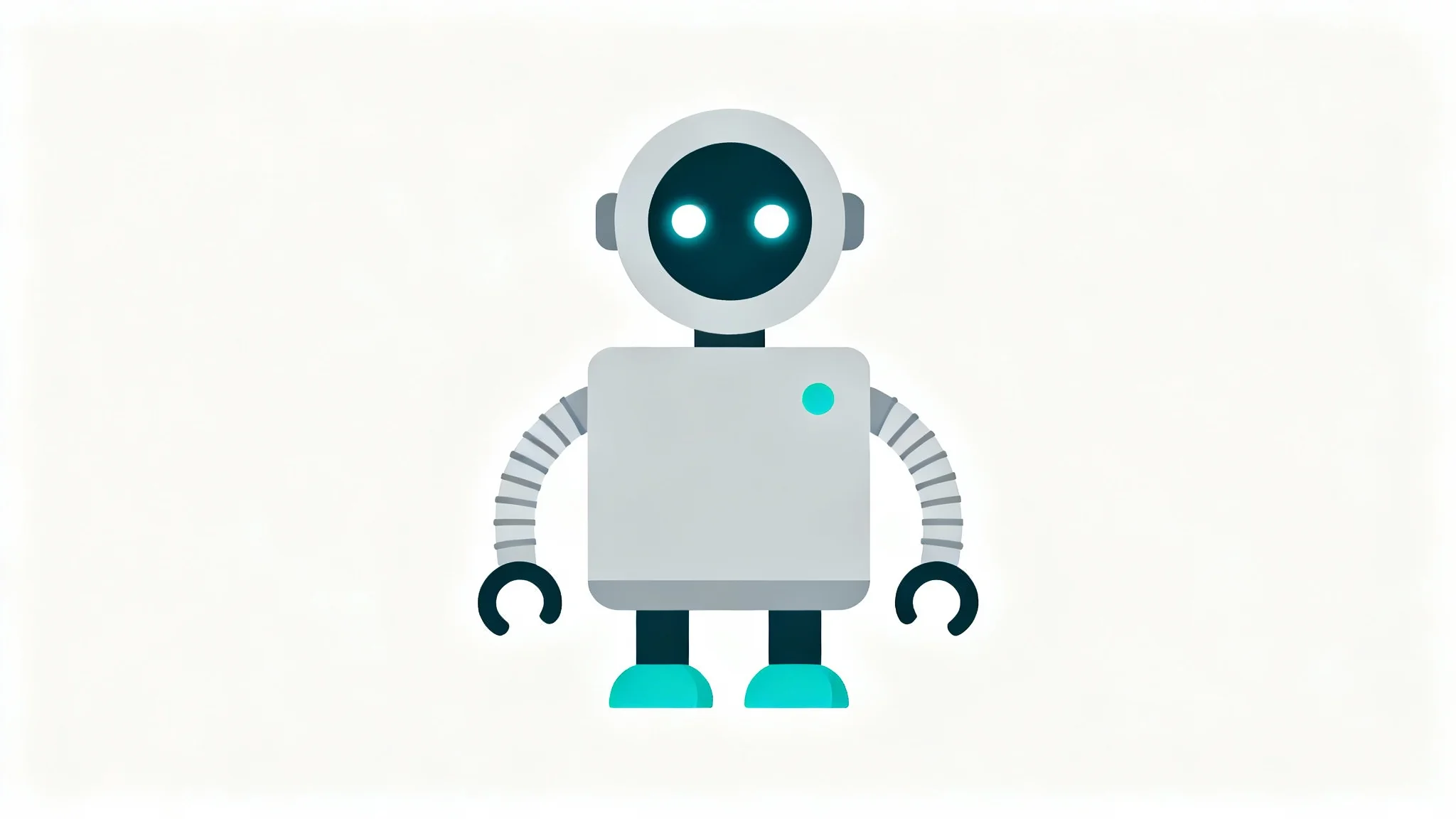 A minimalist vector illustration of a cute, friendly robot made from simple geometric shapes in gray and teal, set against a plain white background.