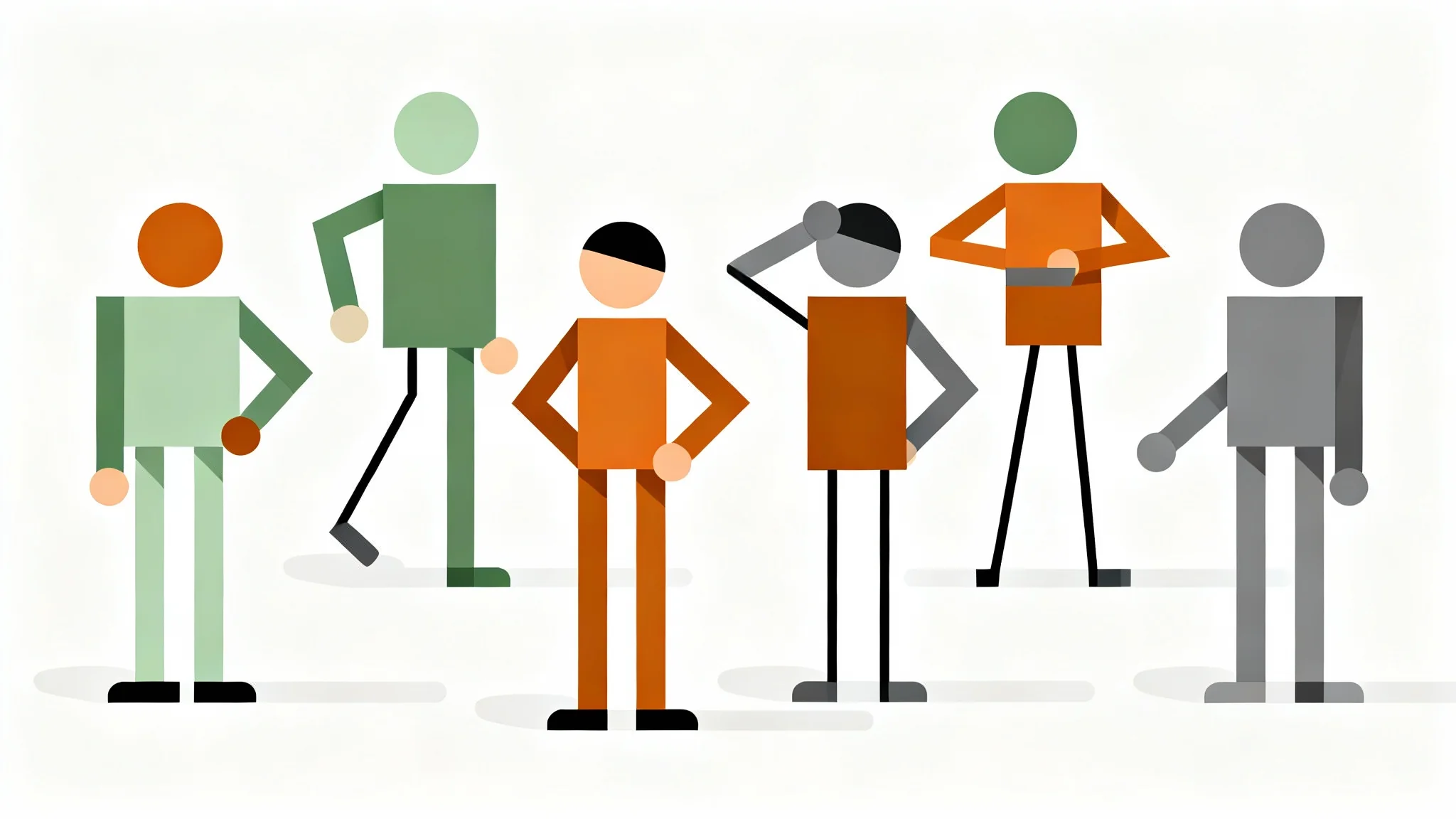 A collection of minimalist, flat-design characters made from simple geometric shapes, displayed in a row against a plain white background.