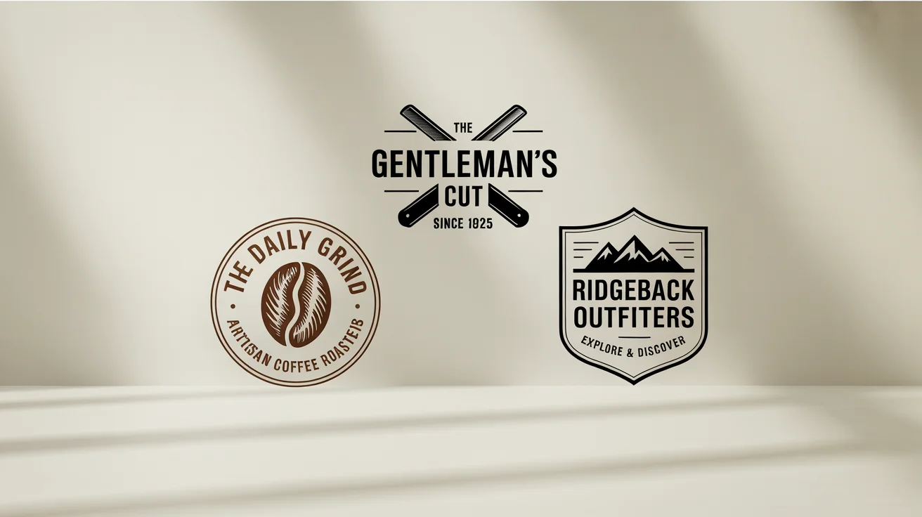 Three custom vintage logos for a coffee shop, a barbershop, and an outdoor outfitter, arranged neatly on a white background to showcase brand design.