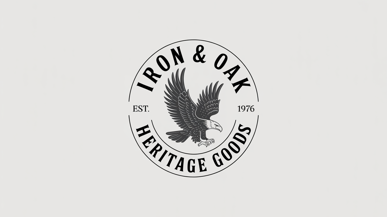 A vintage-style circular logo mockup for a fictional brand called 'Iron & Oak Heritage Goods'. The logo features a central illustration of an eagle and is presented in a charcoal gray color on a white background.