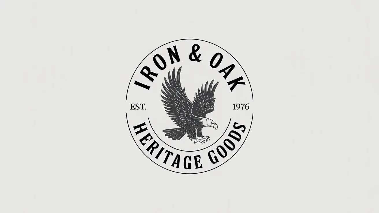 A vintage-style circular logo mockup for a fictional brand called 'Iron & Oak Heritage Goods'. The logo features a central illustration of an eagle and is presented in a charcoal gray color on a white background.