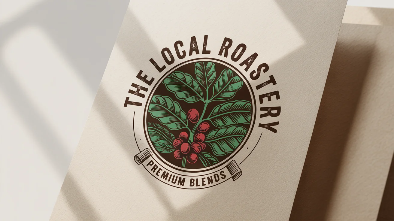 A vintage-style logo mockup for 'The Local Roastery' featuring a coffee plant illustration, printed on textured cardstock against a clean white background.
