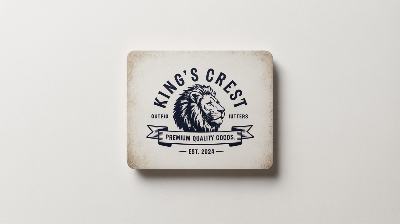 A close-up of a custom vintage logo for a brand called 'King's Crest Outfitters'. The circular navy blue logo features a lion's head and is printed on textured paper against a white background.
