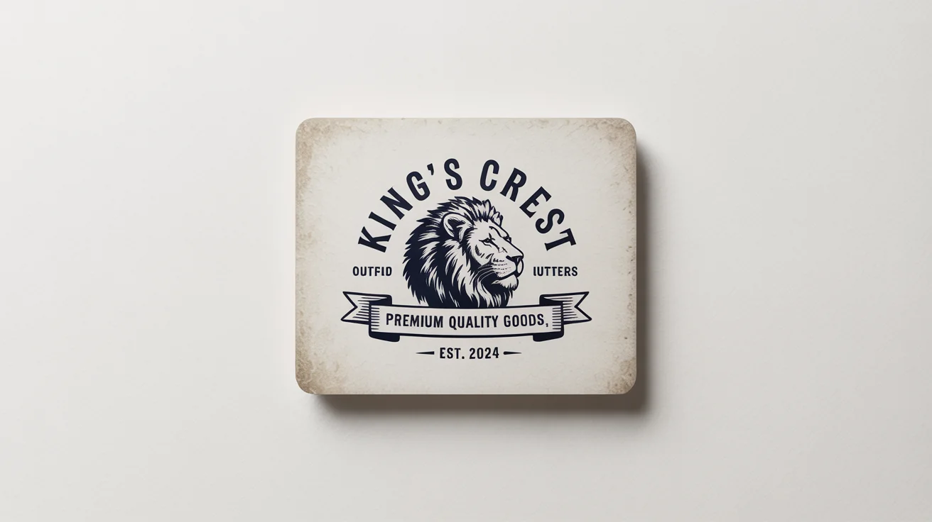 A close-up of a custom vintage logo for a brand called 'King's Crest Outfitters'. The circular navy blue logo features a lion's head and is printed on textured paper against a white background.