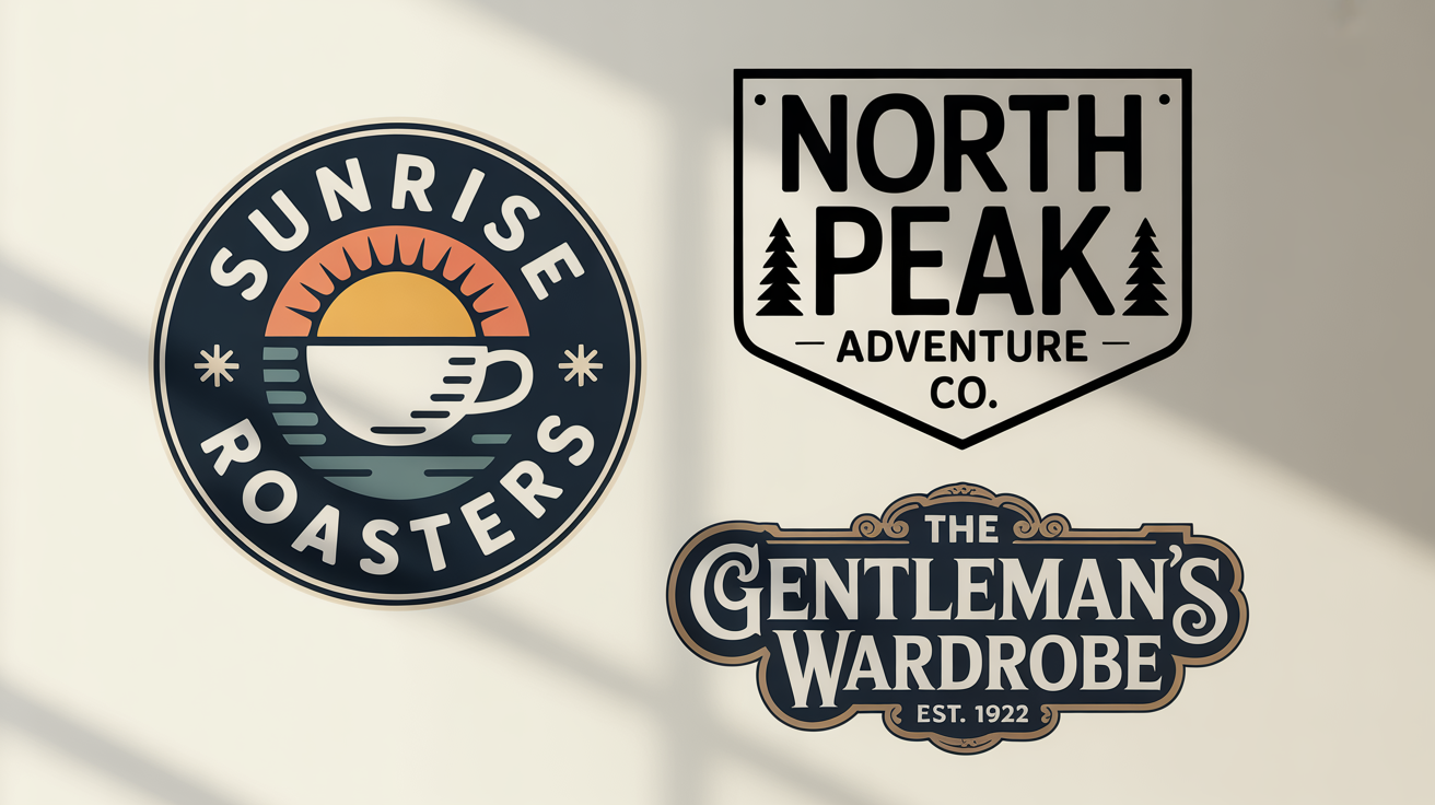 A collection of three custom-designed vintage logos on a white background, showcasing different styles: a circular coffee roaster logo, a badge for an adventure company, and an elegant logo for a haberdashery.