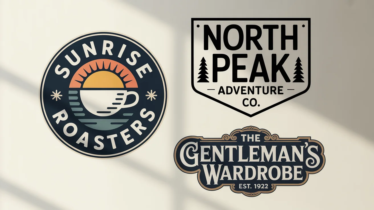 A collection of three custom-designed vintage logos on a white background, showcasing different styles: a circular coffee roaster logo, a badge for an adventure company, and an elegant logo for a haberdashery.