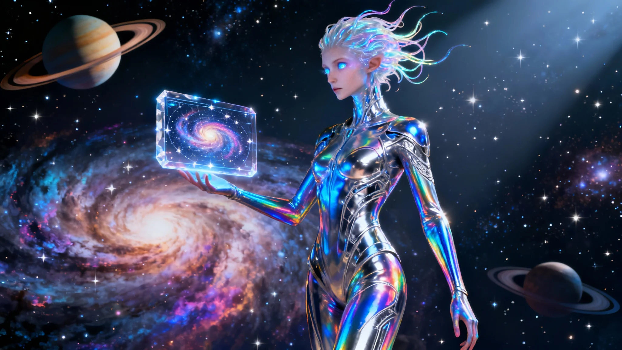 A polished, final concept art of a tall, slender sci-fi character with iridescent skin and glowing eyes, wearing a metallic suit and holding a holographic star map against a backdrop of a colorful nebula in space.