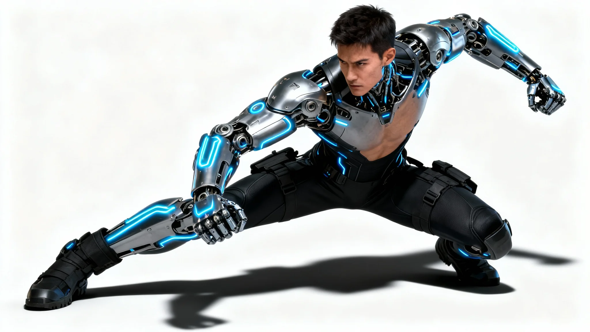 A hyper-realistic digital art piece of a male sci-fi cyborg character with glowing blue accents, standing in a heroic pose against a plain white background.