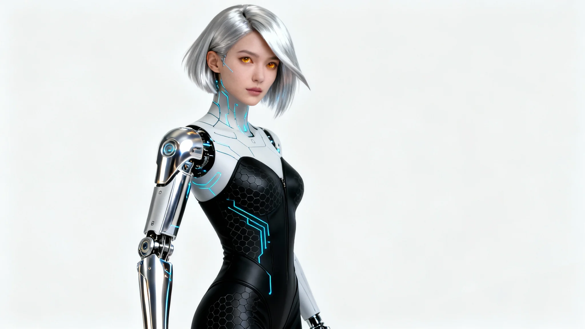 A hyper-realistic full-body portrait of a female sci-fi cyborg with platinum hair, a chrome arm, and glowing blue circuitry, posing confidently against a stark white background.