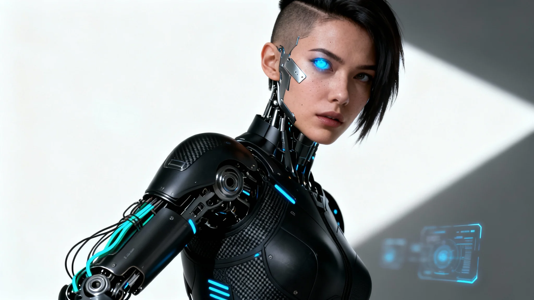 A photorealistic full-body image of a female sci-fi cyborg character with a glowing blue eye and a robotic arm, standing against a white background.
