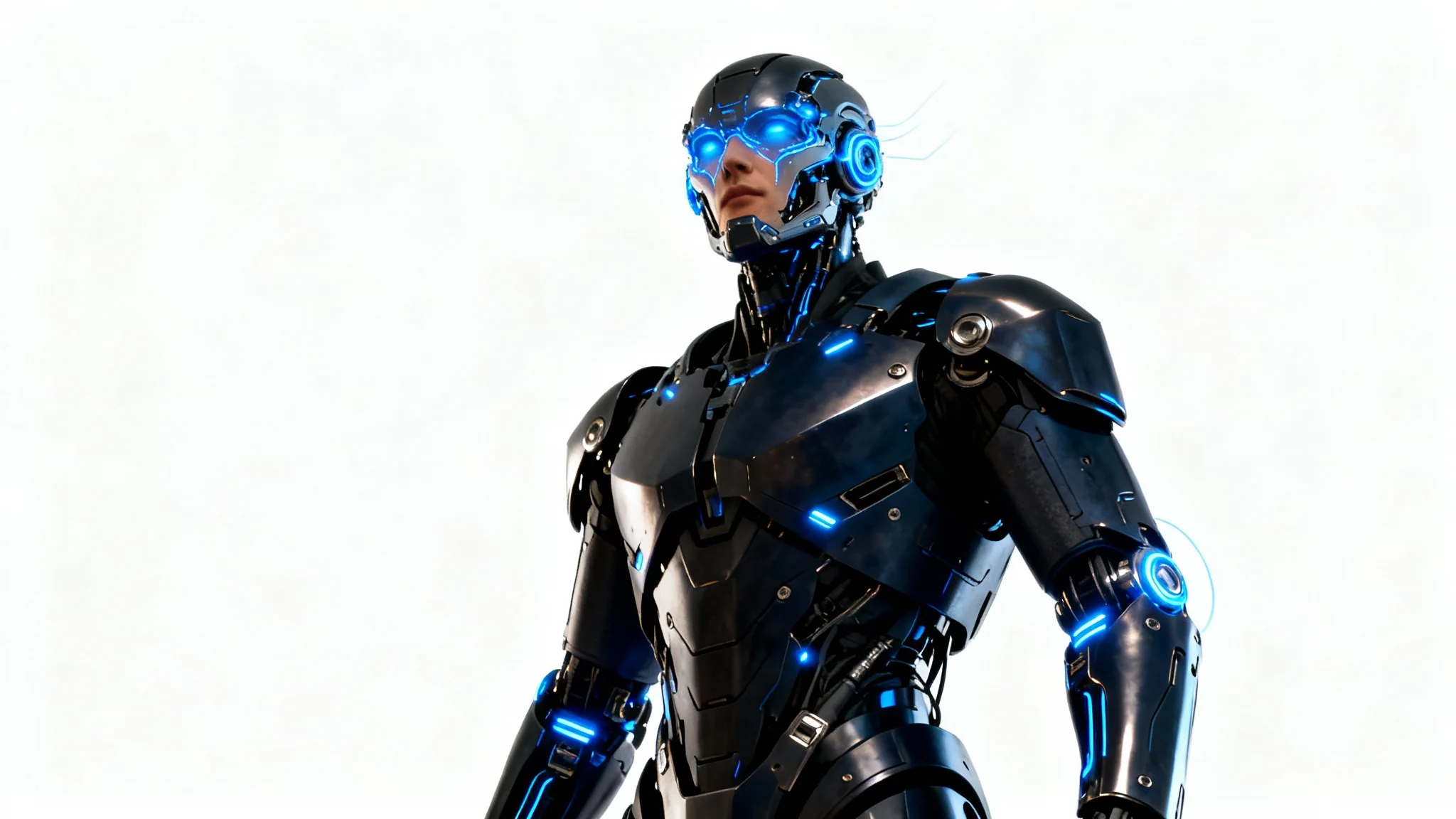 A highly detailed digital rendering of a sci-fi cyborg character with glowing blue implants and dark metallic armor, posing against a plain white background.