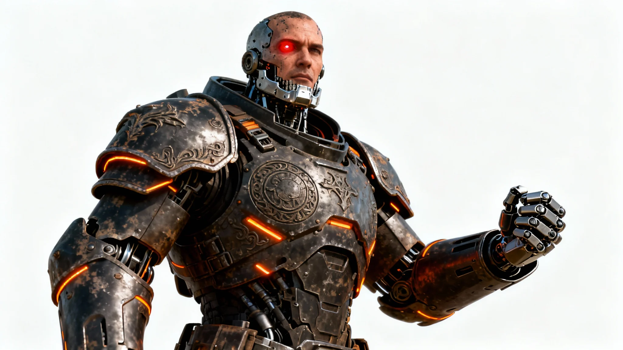 A hyper-realistic full-body portrait of a male cyborg warrior in dark, battle-worn armor with glowing orange lights, featuring a robotic arm and a cybernetic eye, set against a clean white background.