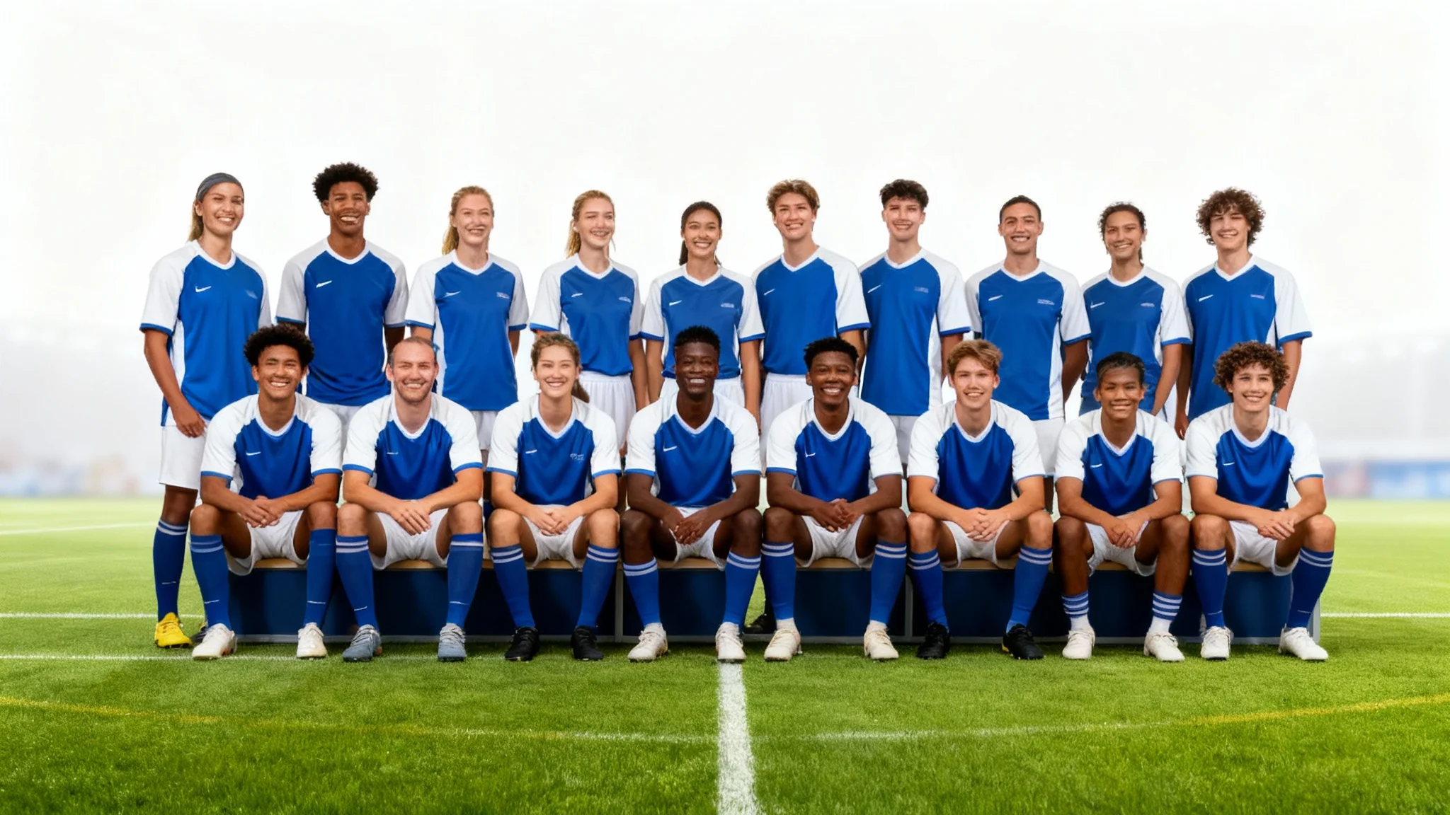 A final team photograph showing a diverse group of twelve people all wearing matching professional blue and white sports uniforms, smiling and posing together.