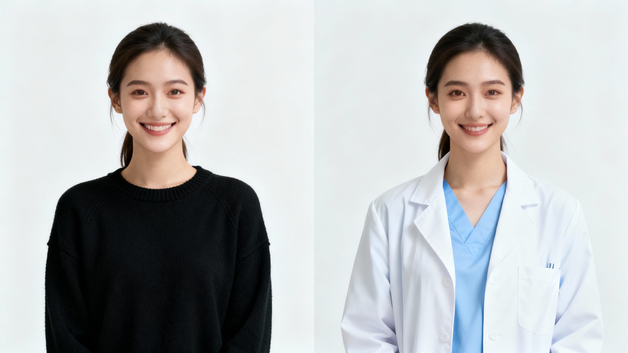 A before-and-after comparison image showing a woman's professional headshot where her casual sweater is changed into a doctor's white coat and scrubs.