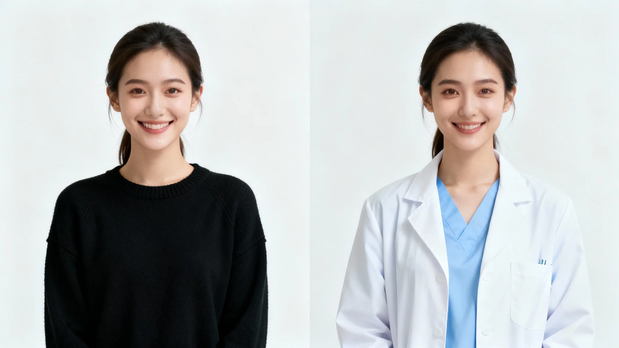 A before-and-after comparison image showing a woman's professional headshot where her casual sweater is changed into a doctor's white coat and scrubs.