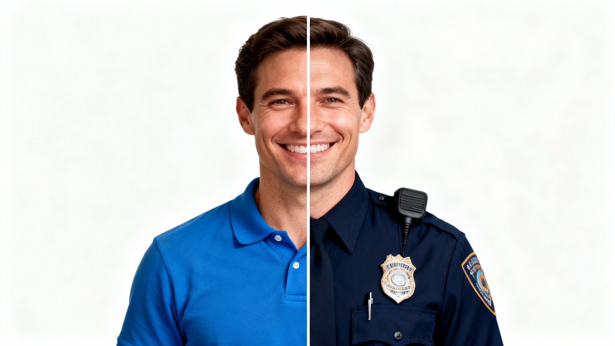 A conceptual image showing a man split in half: on the left, he wears a casual polo shirt, and on the right, he wears a professional police officer's uniform, demonstrating a photo uniform change.