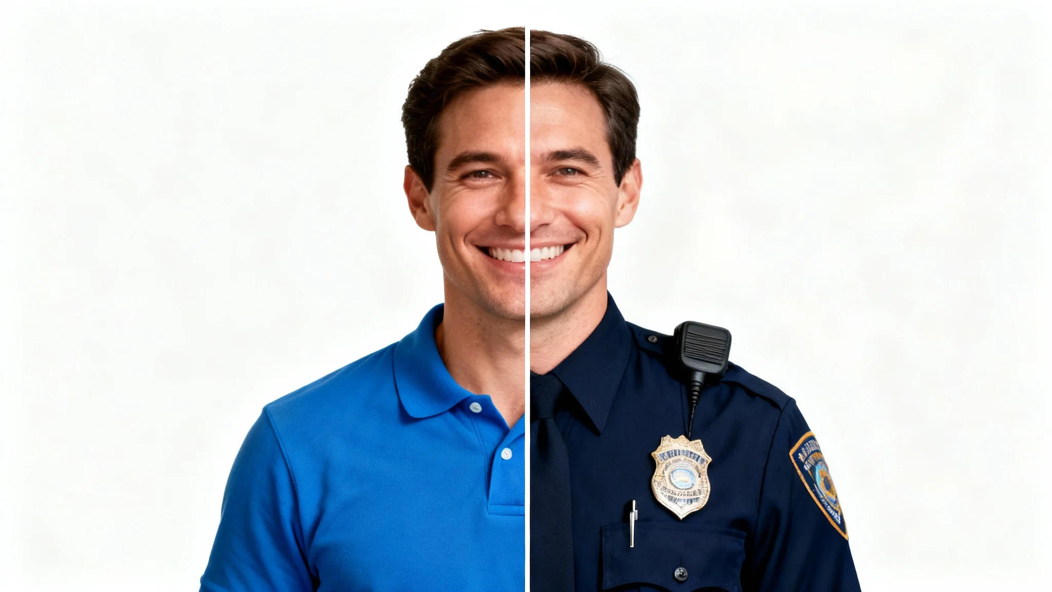 A conceptual image showing a man split in half: on the left, he wears a casual polo shirt, and on the right, he wears a professional police officer's uniform, demonstrating a photo uniform change.