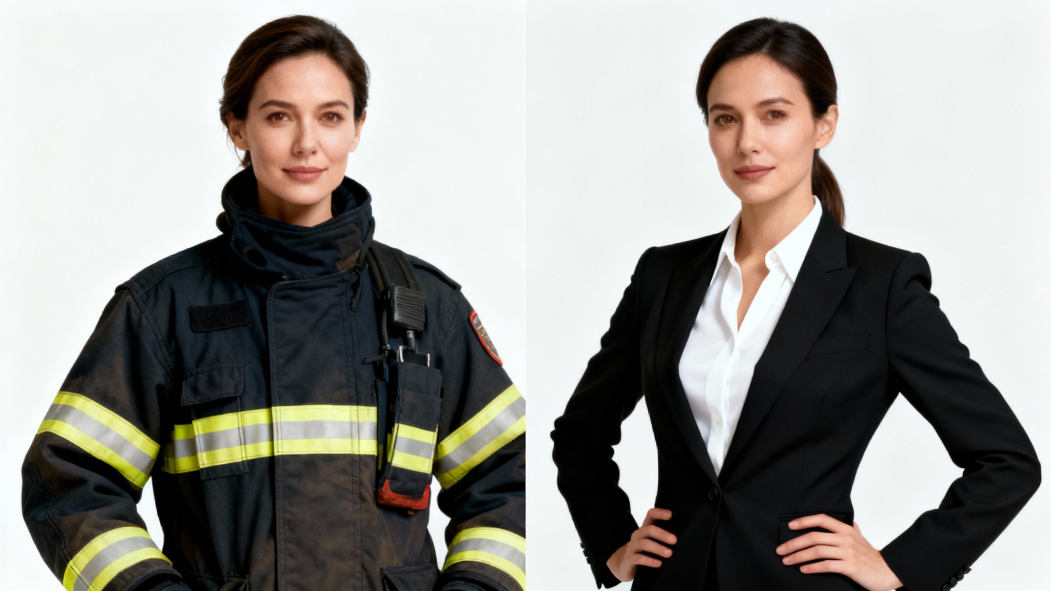 A before-and-after image showing a woman's uniform being changed. On the left, she is a firefighter in full gear. On the right, she is in a professional business suit, with the pose and background remaining identical.