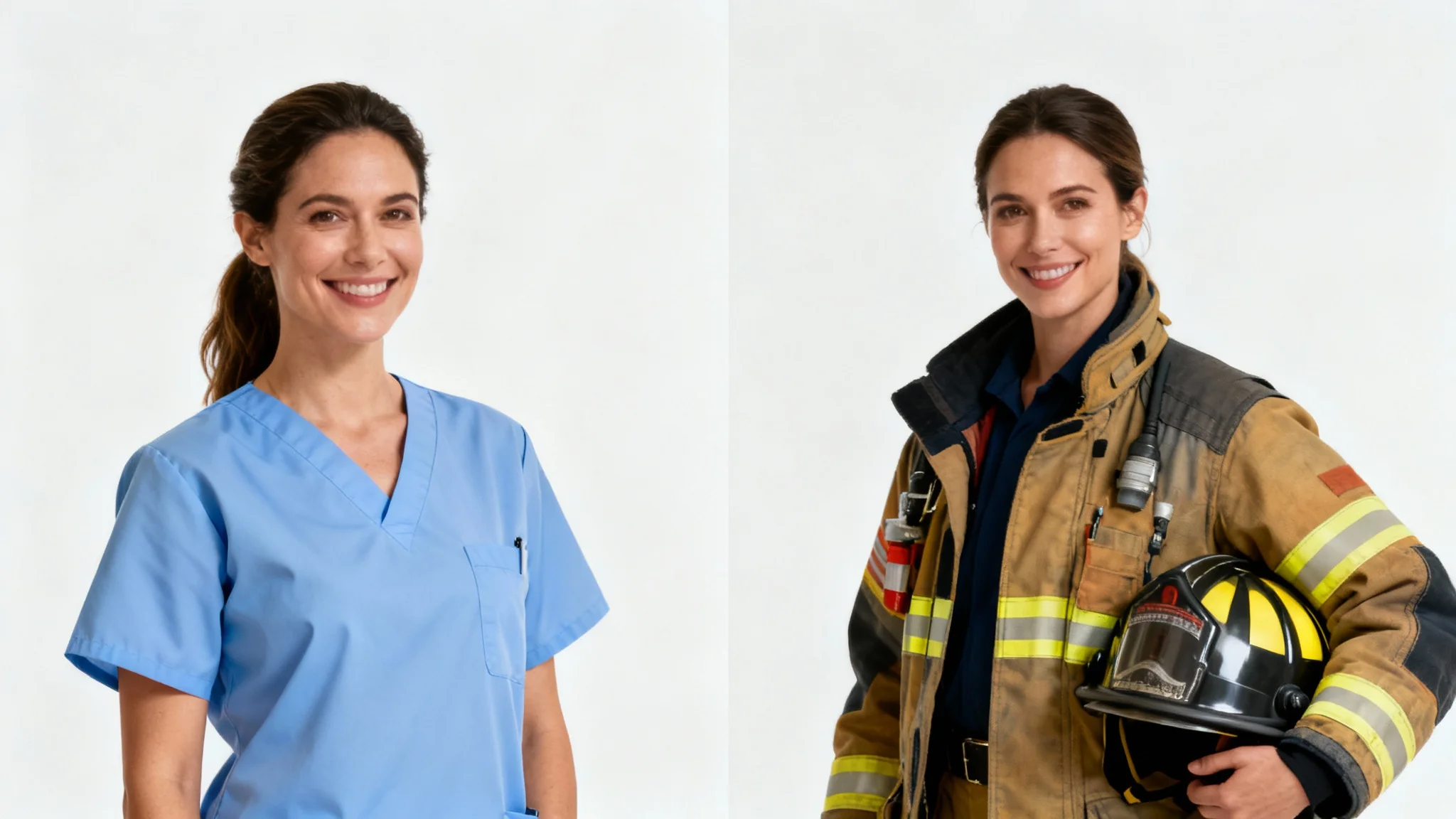 A before-and-after composite image showing a woman's uniform being changed. On the left, she wears a doctor's scrubs; on the right, the same woman is in a firefighter's uniform, against a white background.