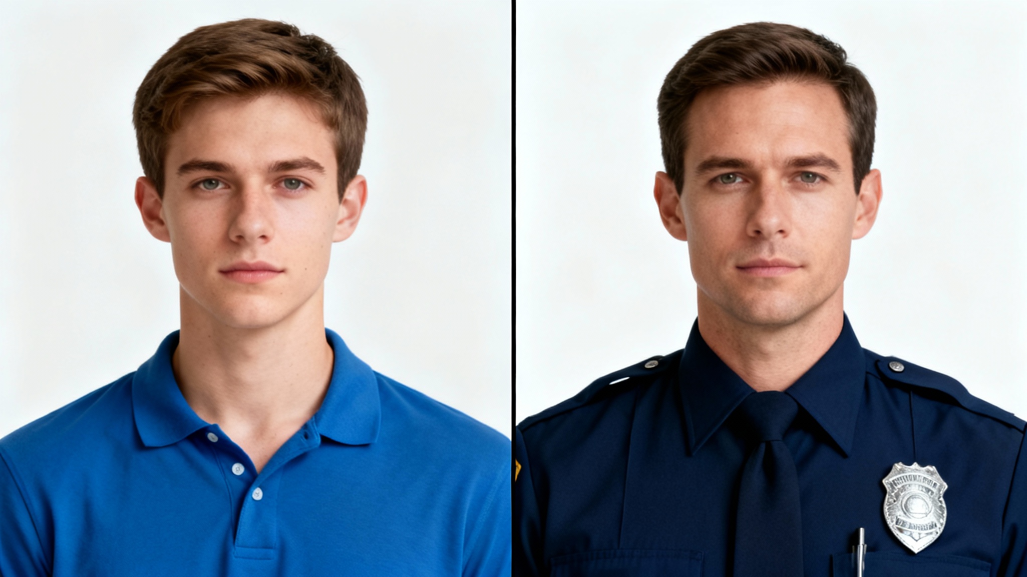 A split image showing a before-and-after clothing change. On the left, a man wears a casual shirt; on the right, the same man is in a police officer's uniform, demonstrating a uniform change.