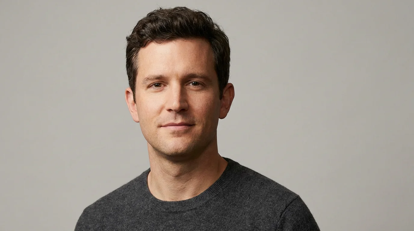 Head and shoulders portrait of a man with a newly added full head of short, dark brown hair, set against a plain gray background.