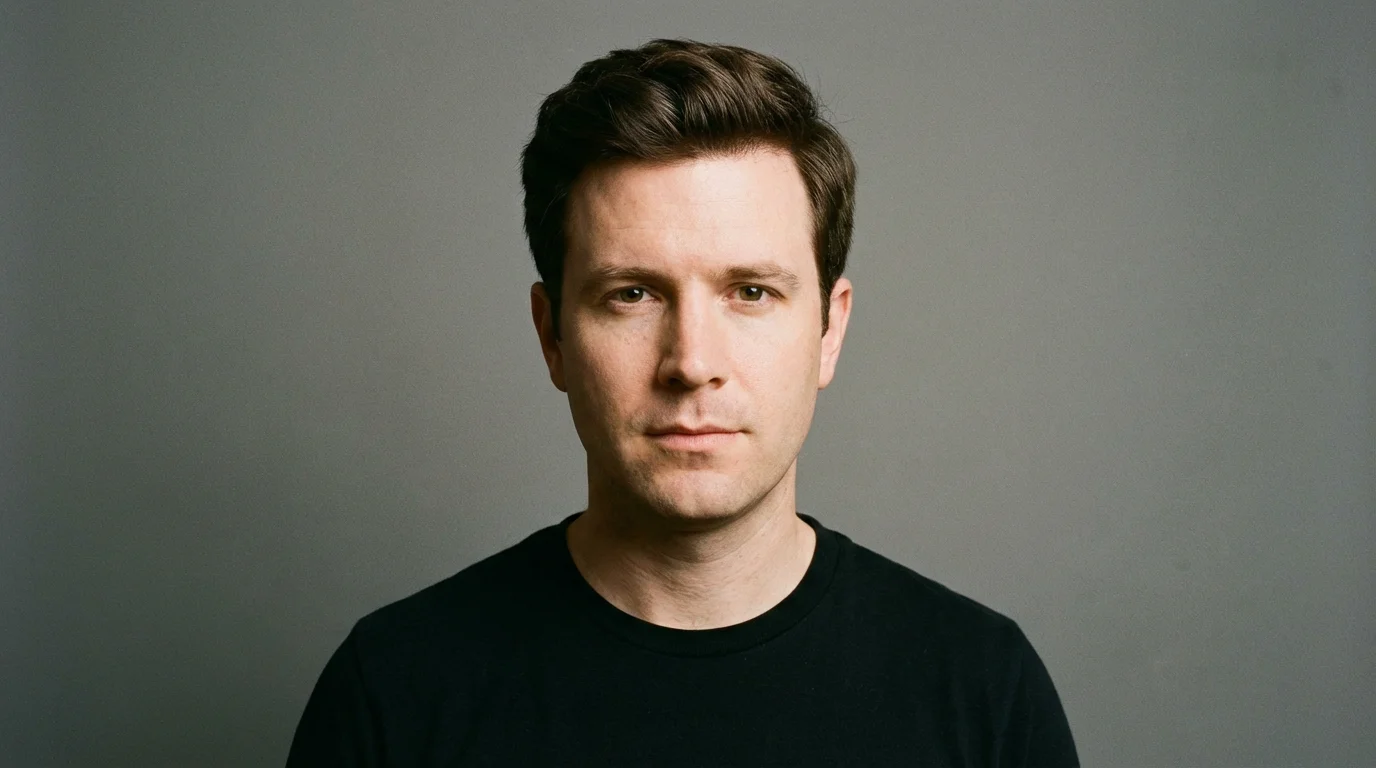 A studio headshot of a man with a full head of realistically added dark brown hair, shown as a final result of a photo editing tool.