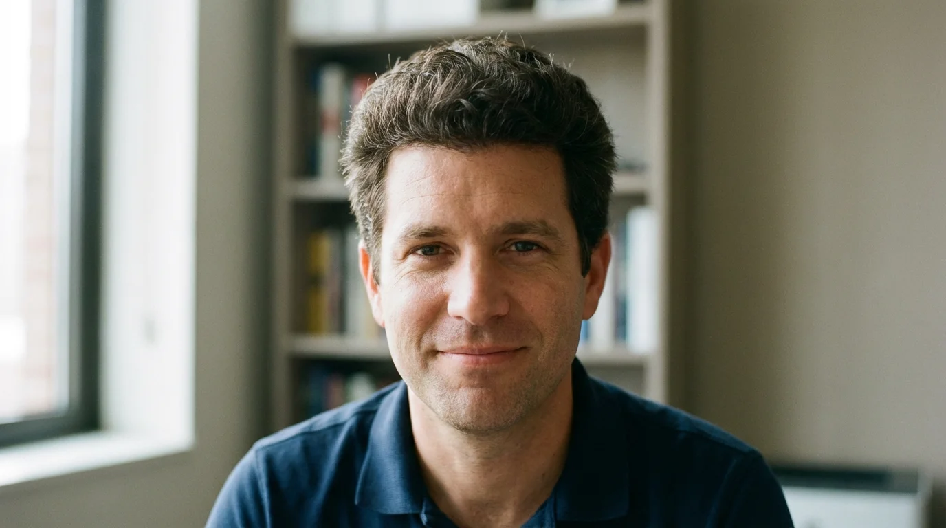 A realistic portrait photo showing a man in his forties with a full, natural-looking head of dark brown hair, representing the final result of using a hair addition tool.